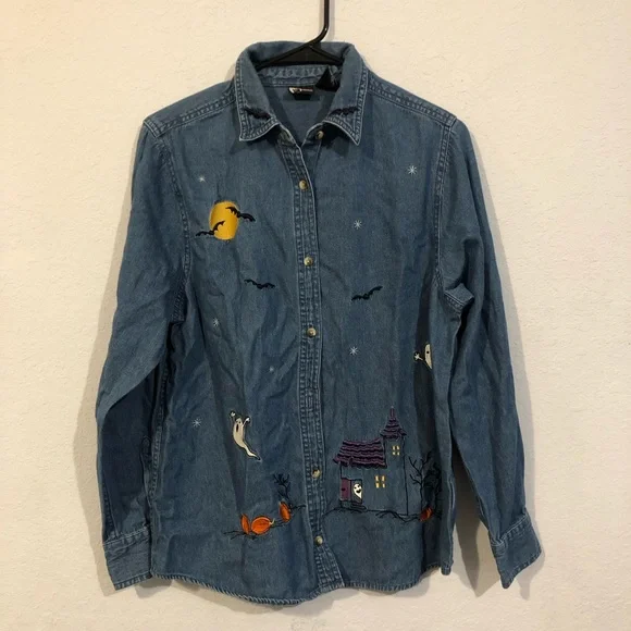Holiday Editions Halloween Denim Button Down Shirt - Picture 1 of 6